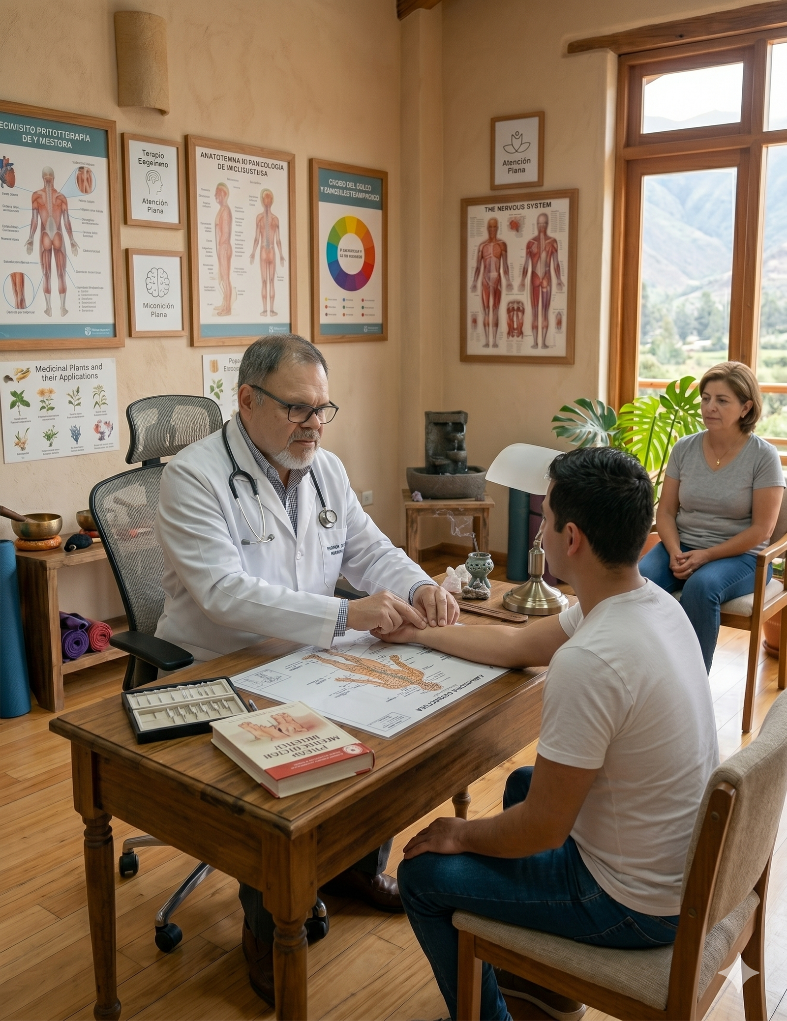 Especialista en medicina tradicional china evaluando a un paciente para determinar el plan de tratamiento con acupuntura — primera consulta en Medellín