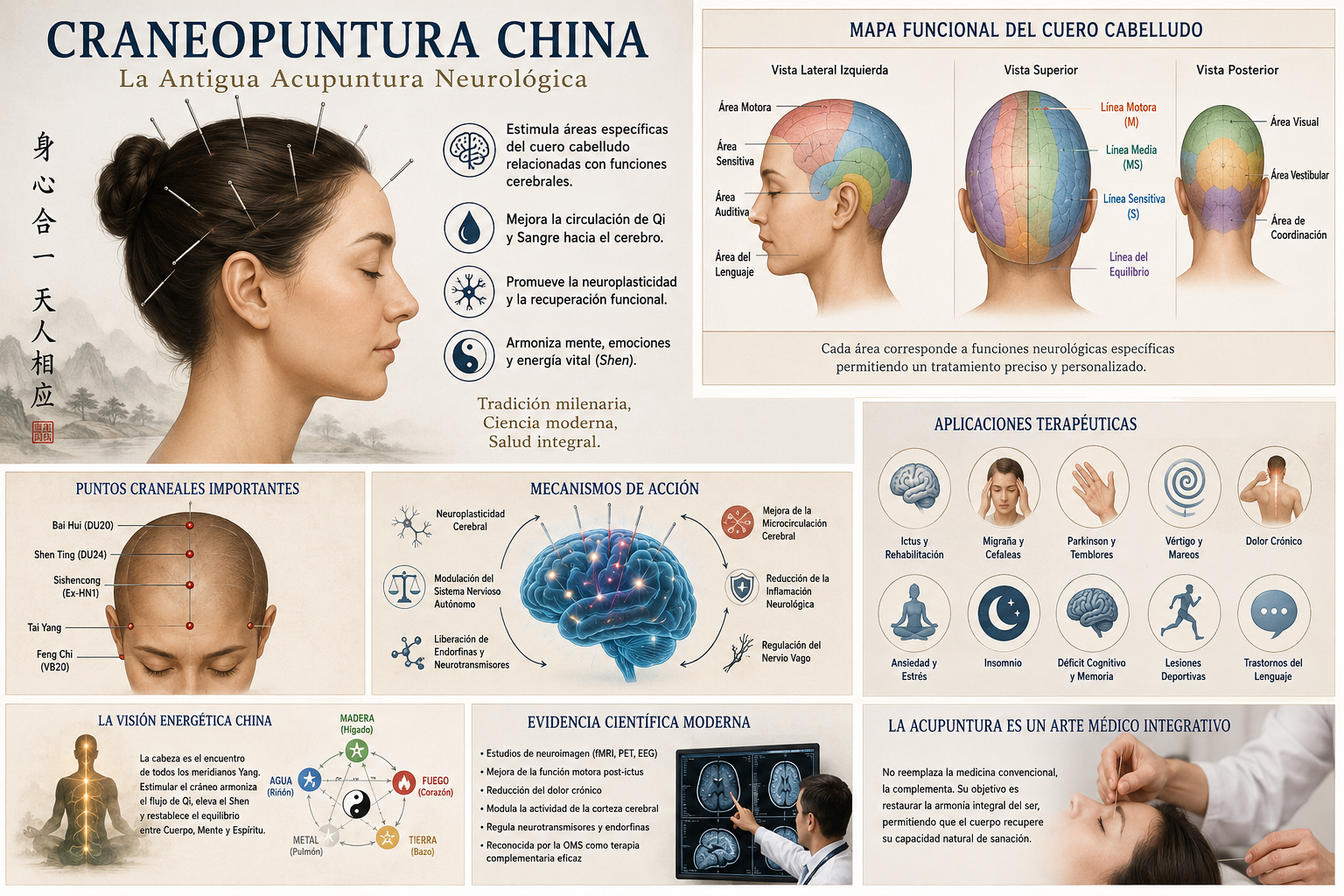 Infografía educativa sobre craneopuntura china, acupuntura craneal, puntos del cuero cabelludo y aplicaciones neurológicas
