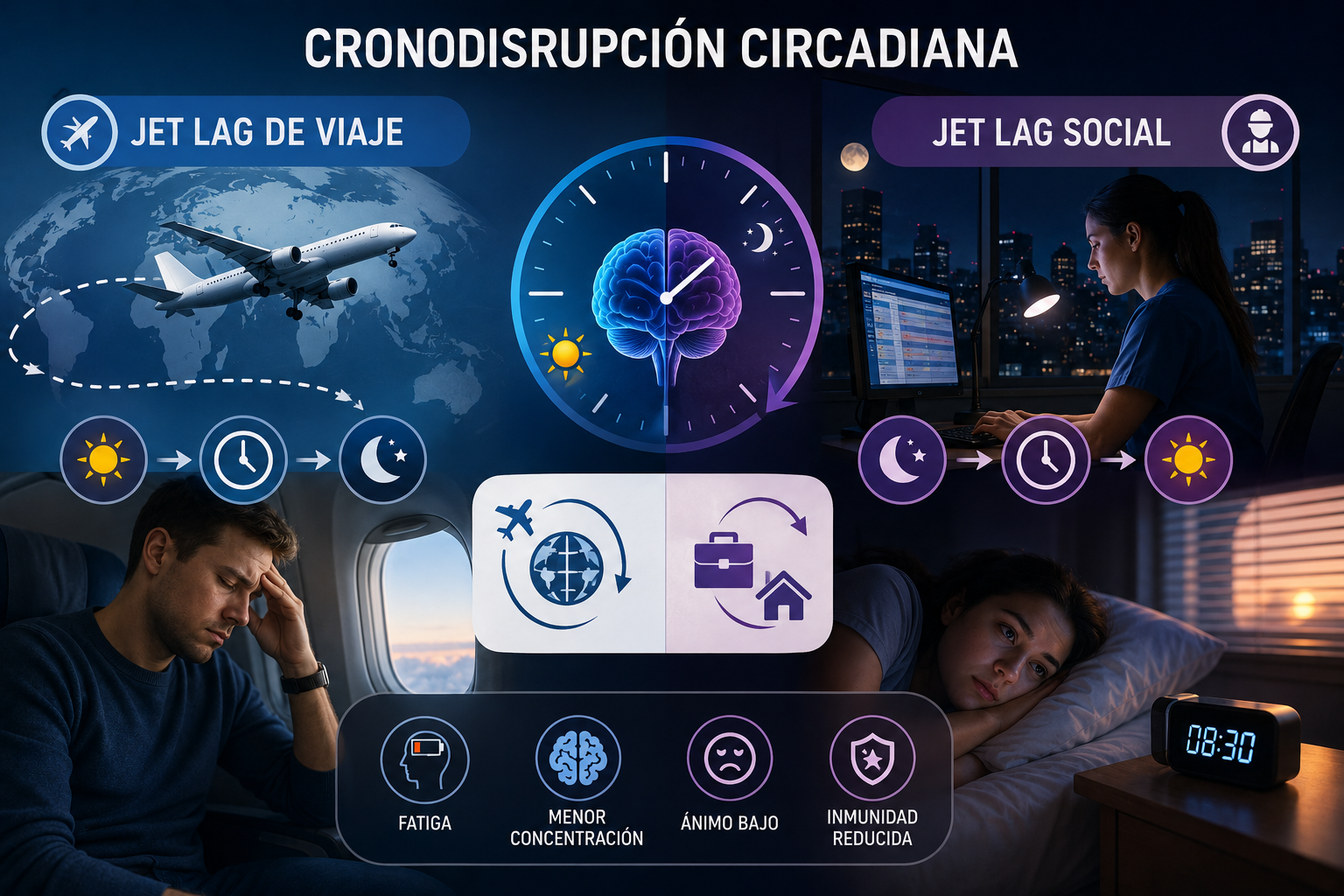 Comparación entre jet lag de viaje y jet lag social en trabajadores nocturnos — cronodisrupción circadiana