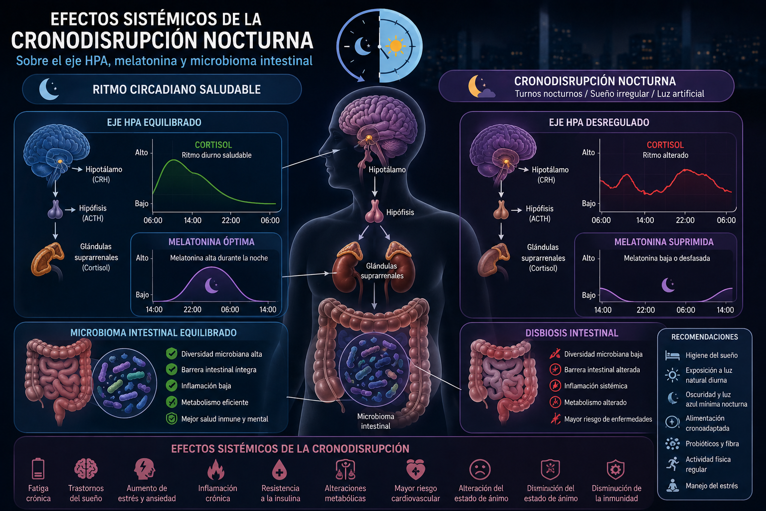 Efectos sistémicos de la cronodisrupción nocturna sobre el eje HPA, melatonina y microbioma intestinal
