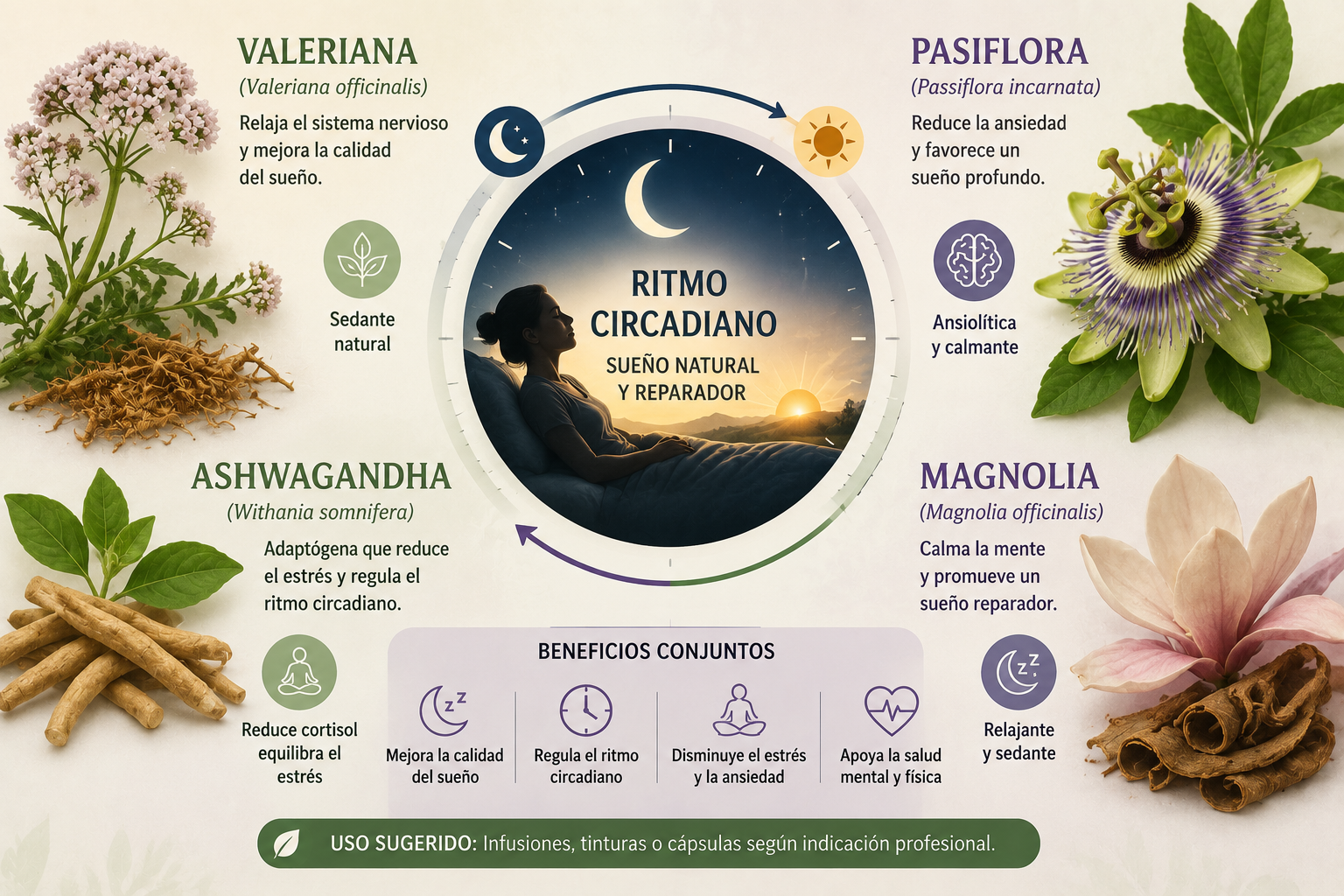 Plantas medicinales para regular el ritmo circadiano y el sueño — valeriana pasiflora ashwagandha magnolia