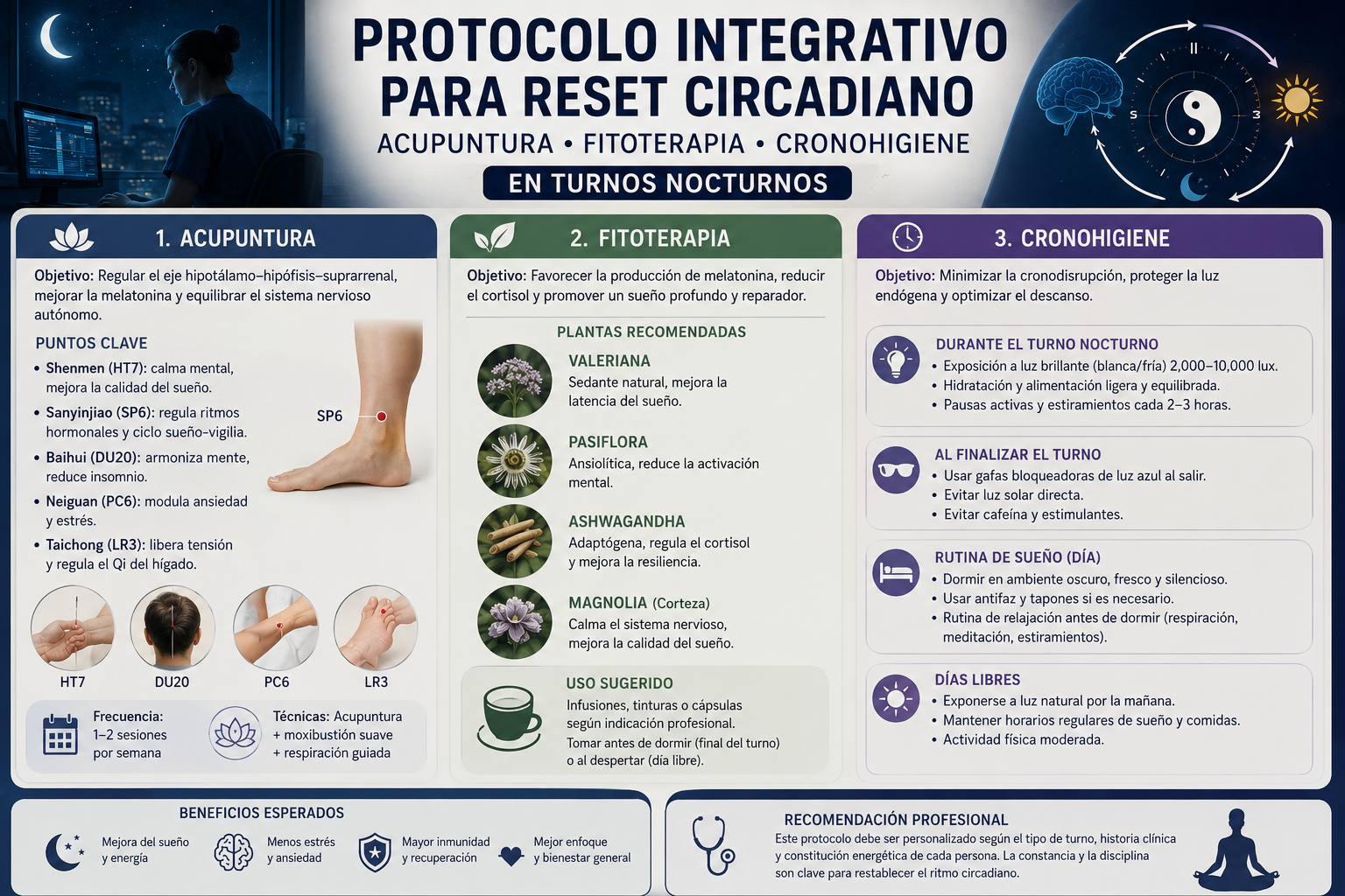 Protocolo integrativo para reset circadiano — acupuntura fitoterapia y cronohigiene en turnos nocturnos