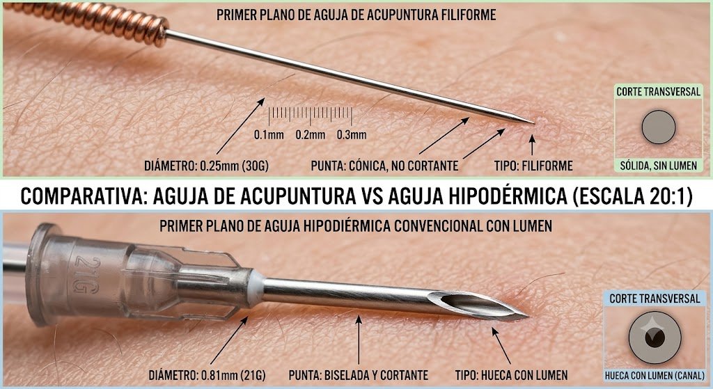 Primer plano de aguja de acupuntura – extremadamente fina comparada con aguja hipodérmica convencional