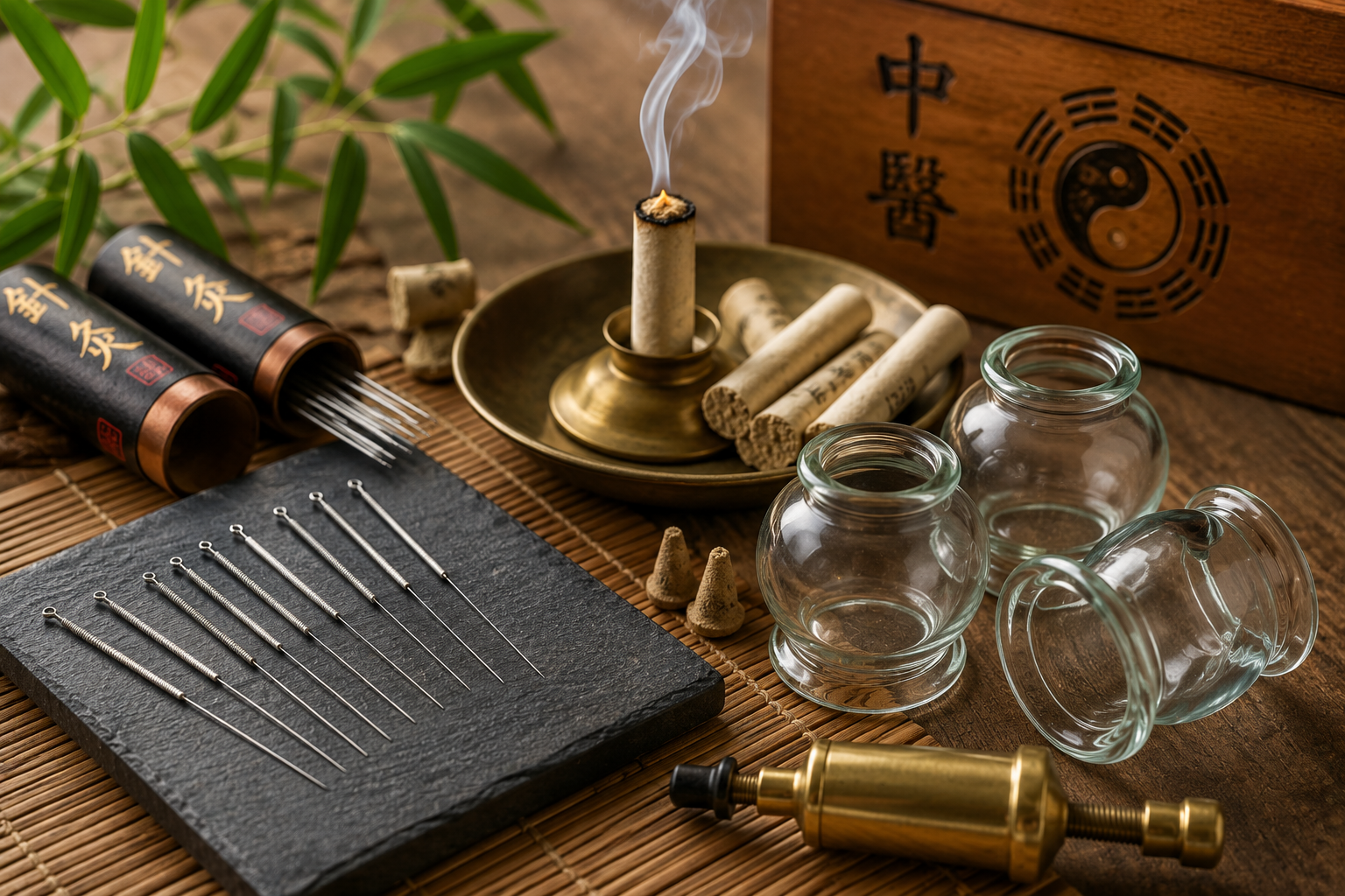 Herramientas de Medicina Tradicional China: agujas, moxibustión y ventosas