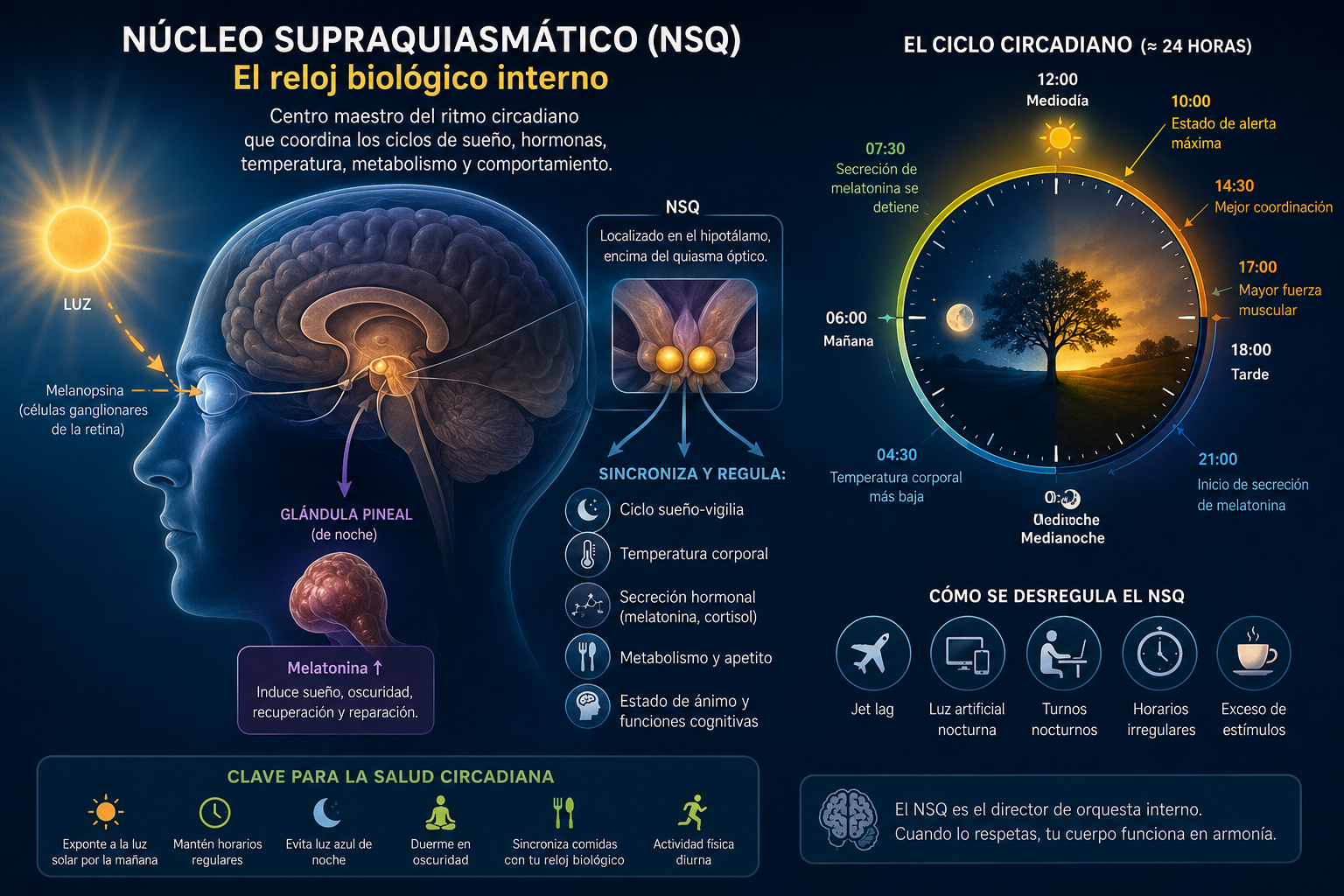 Representación del núcleo supraquiasmático y el reloj biológico interno — cronobiología circadiana