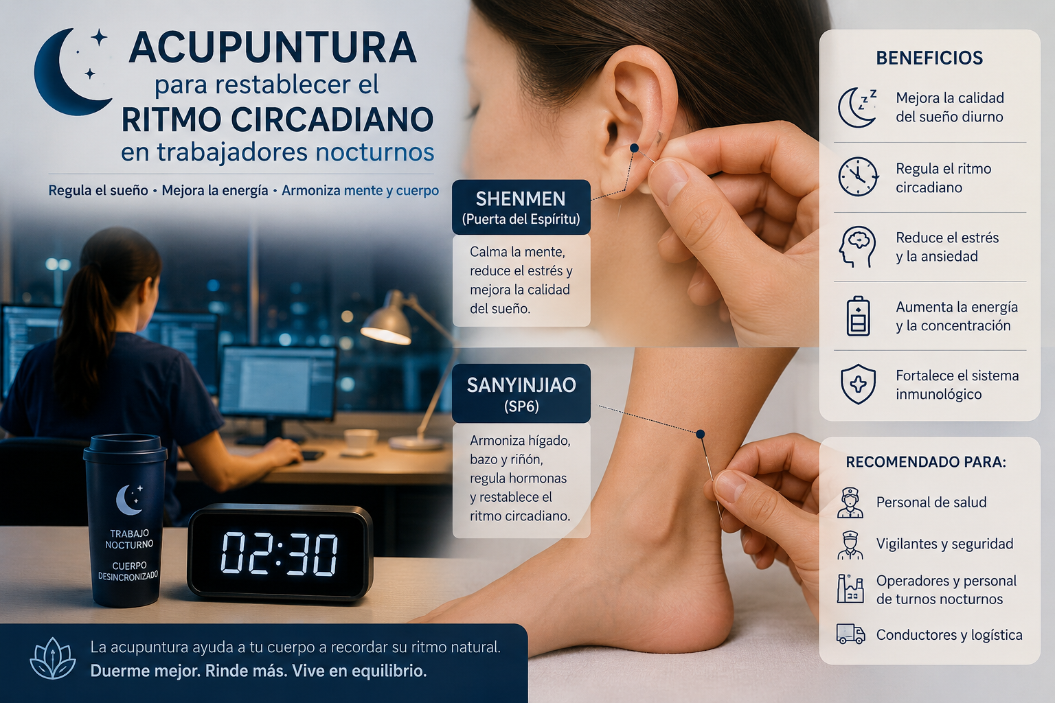 Acupuntura para restablecer el ritmo circadiano en trabajadores nocturnos — agujas en puntos Shenmen y Sanyinjiao