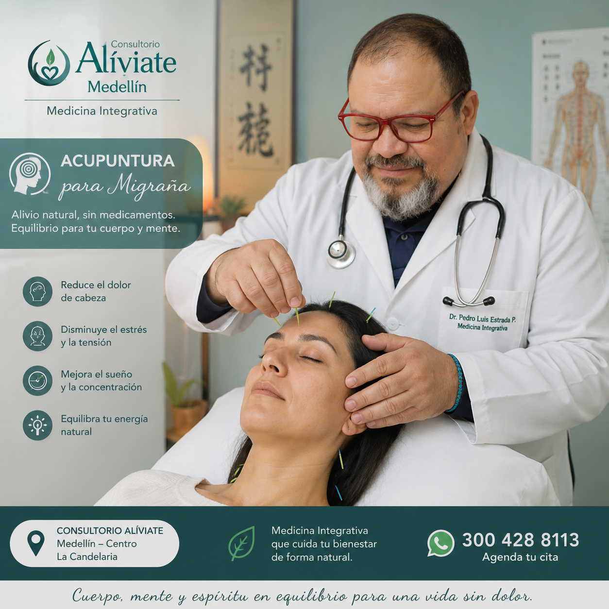 Paciente recibiendo acupuntura en puntos de cabeza y cuello para migraña, Consultorio Alíviate Medellín